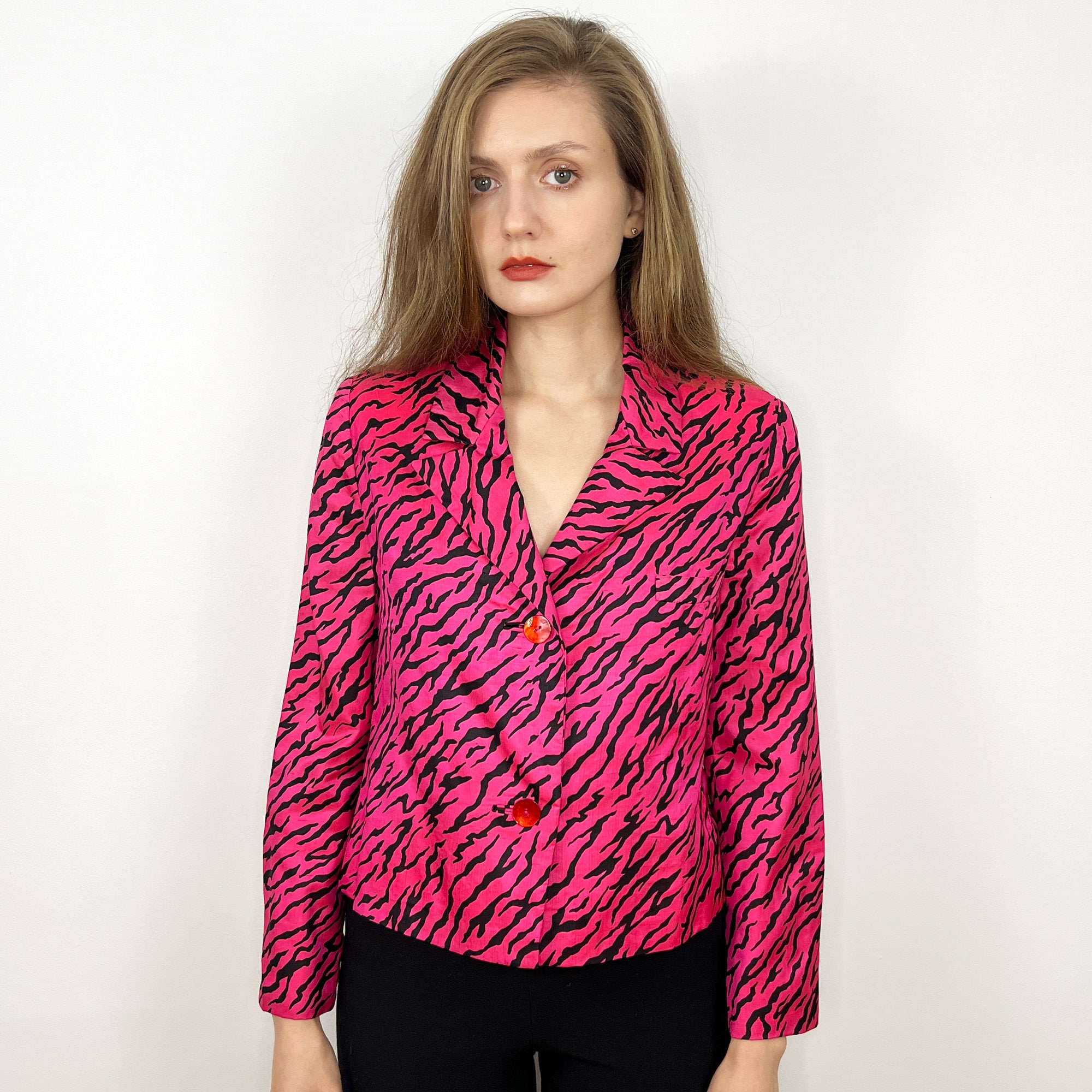 Vintage Silk Hot Pink Zebra Jacket, Women's Cropped Silk