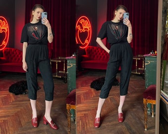 Pantalon vintage Black Silk Capri, Pantalon croppé effilé, Pantalon taille haute avec poches