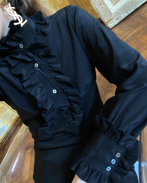 Vintage Yves Saint Laurent Blouse, 80s YSL Rive Gauche Black Silk