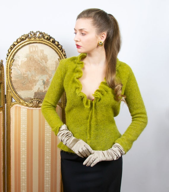 Vintage Olive Merino Wool Sweater, Mohair Plunging