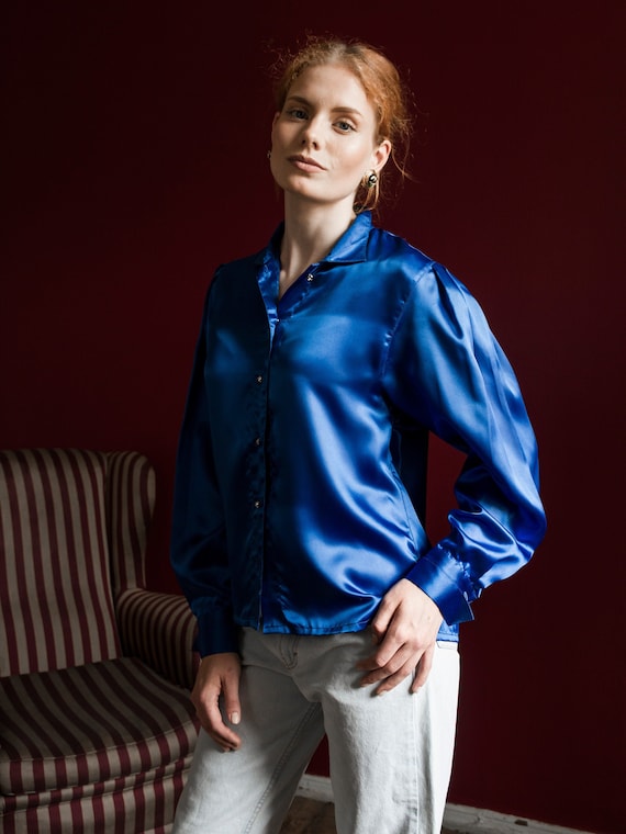 Vintage Satin Blouse, Blue Silky Puff Sleeve Blous