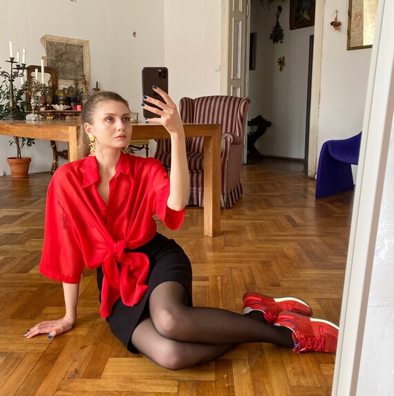 Vintage Red Sheer Shirt, Red Chiffon Blouse