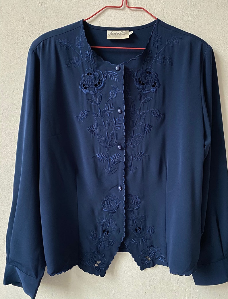Vintage 80s Navy Blue Satin Blouse with Embroidery