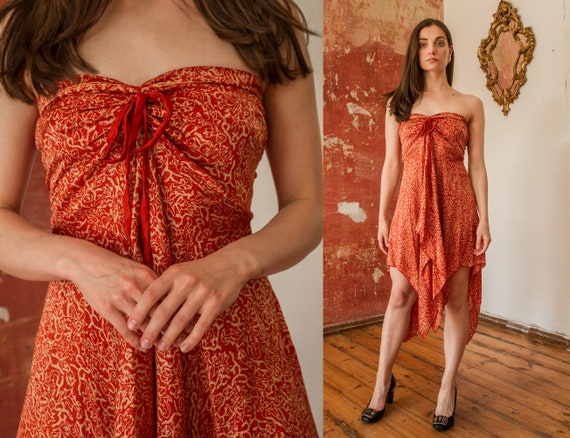 Vintage Silk Summer Dress, Strapless Beach Dress