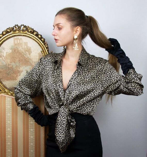 Vintage Silk Leopard Print Blouse, 80s Long Sleeve