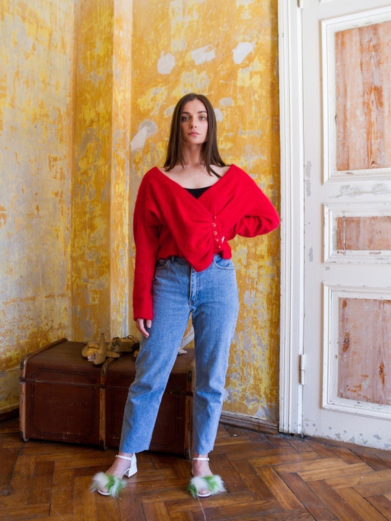 Vintage Red Angora Sweater, V-Neck Fuzzy Red Angor