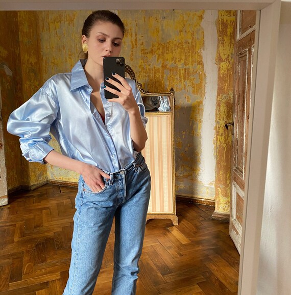 Vintage Blue Satin Shirt, Silky Long Sleeve Blouse