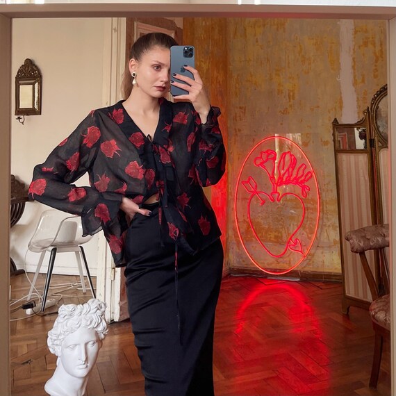 Vintage Black Sheer Floral Blouse With 