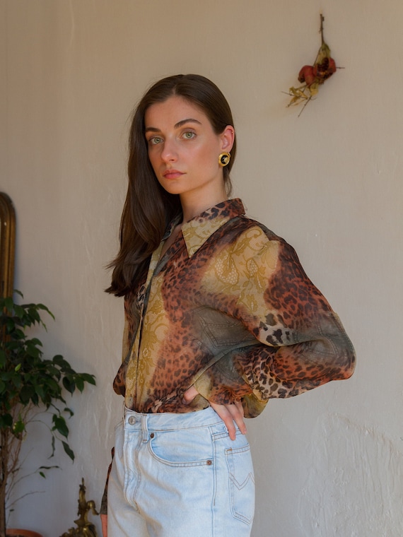 Vintage Printed Sheer Blouse, Leopard Chiffon Butt