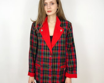 Veste vintage en laine et lin mélangés, blazer autrichien à carreaux