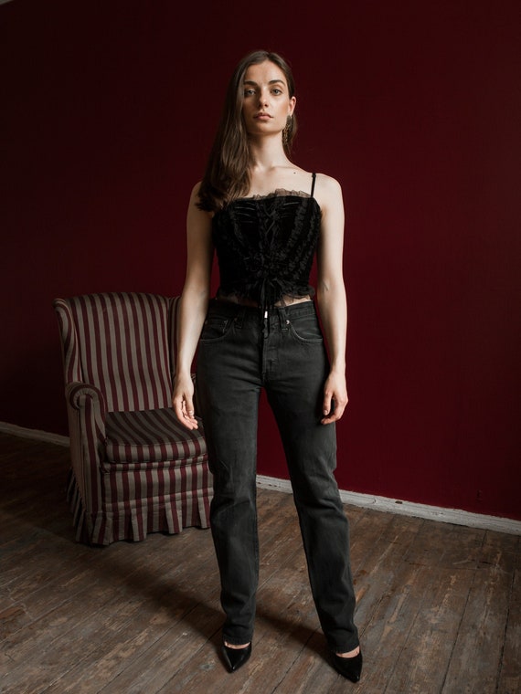 Vintage Velvet Top, Black Velvet Sleeveless Corset