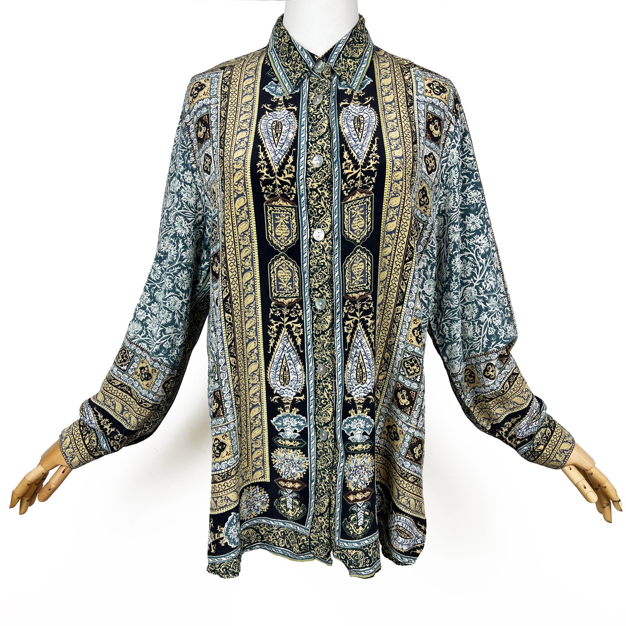 Vintage Silk blouse with mother of pearl buttons, Bohemian Silk shirt, Baroque scarf print blouse