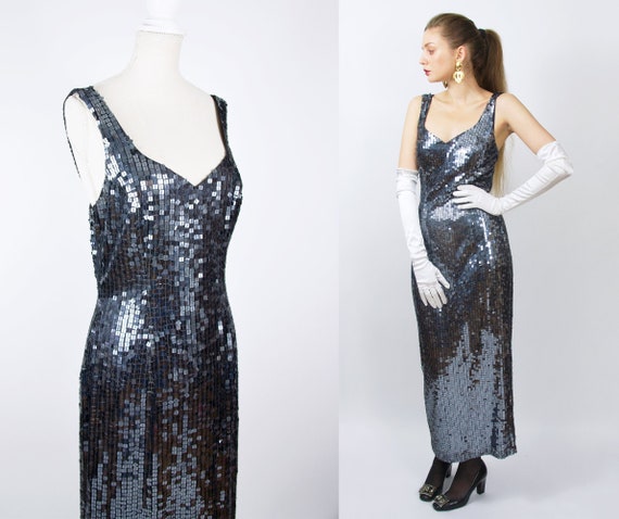 Vintage Sequin Dress, Long Blue Beaded Slip Dress