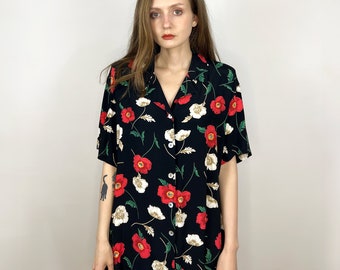 Blusa floral negra vintage, blusa de manga corta con estampado de amapola, camisa floral con botones