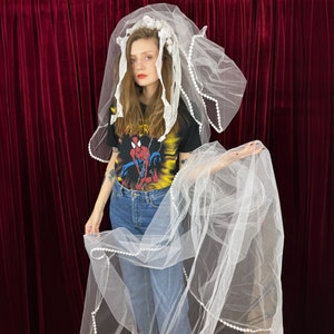 Vintage 1980&#39;s Long Wedding Veil with flower crown, Cathedral veil, Double Tier Veil, Bridal Veil with Blusher