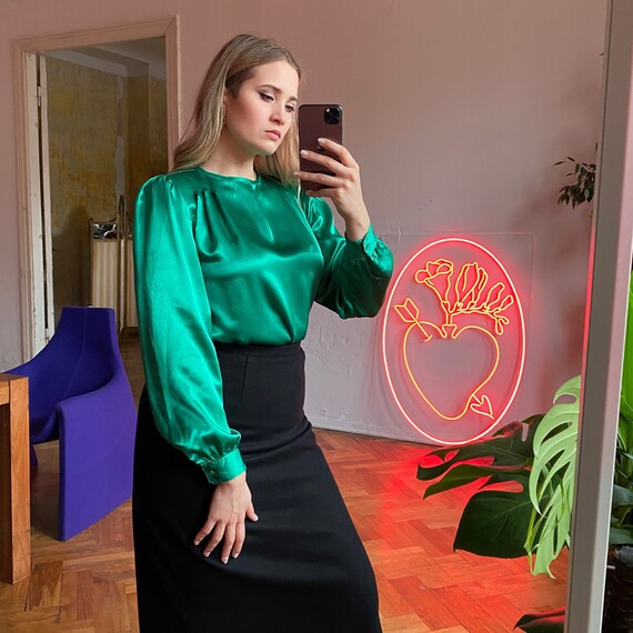 Vintage Green Satin Blouse Silky Blouse 