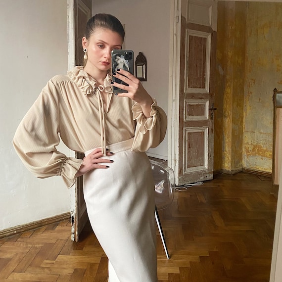 Vintage Beige Ruffle Blouse, Cream white blouse wi
