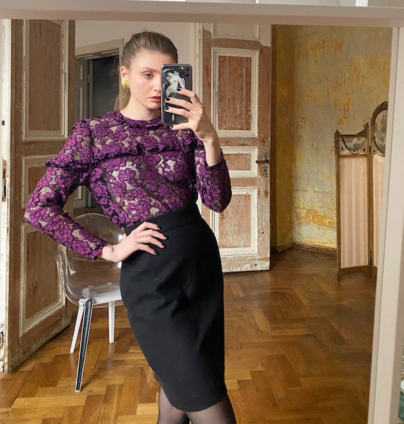 Vintage Lace Blouse, Purple Sheer Edwardian Style