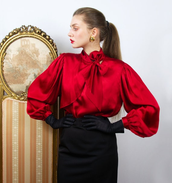 Vintage UNGARO Silk Blouse, Red Silk Pussy Bow Blo