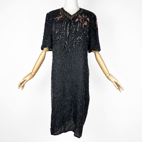Vintage Silk Beaded Dress, Short Sleeve Midi Embroidered Dress