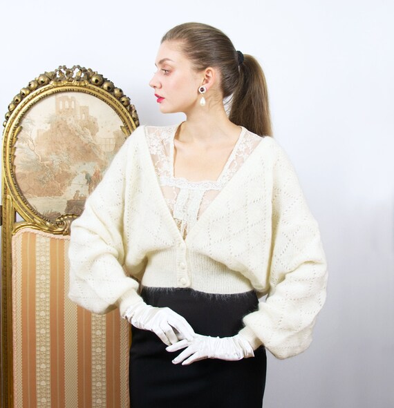 Vintage White Mohair Sweater, Angora Puff Sleeve C