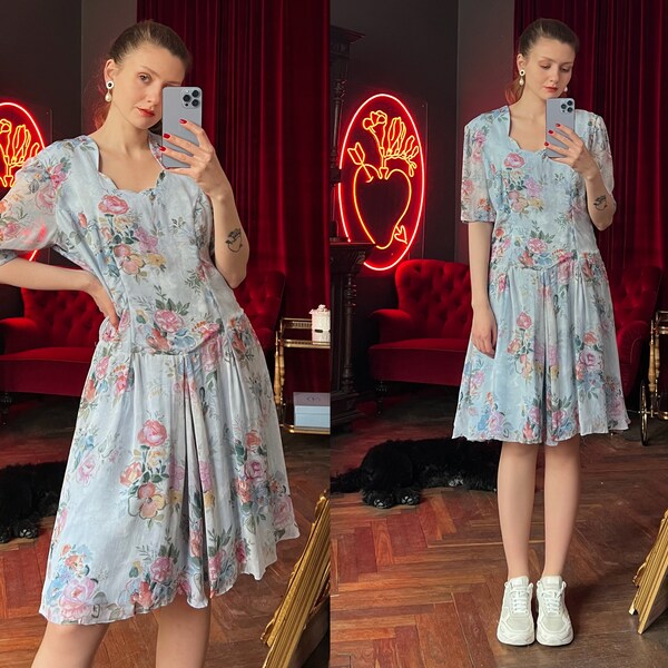 robe florale bleue vintage, robe en mousseline de soie à manches mi-longues, robe d'été, robe longueur genou