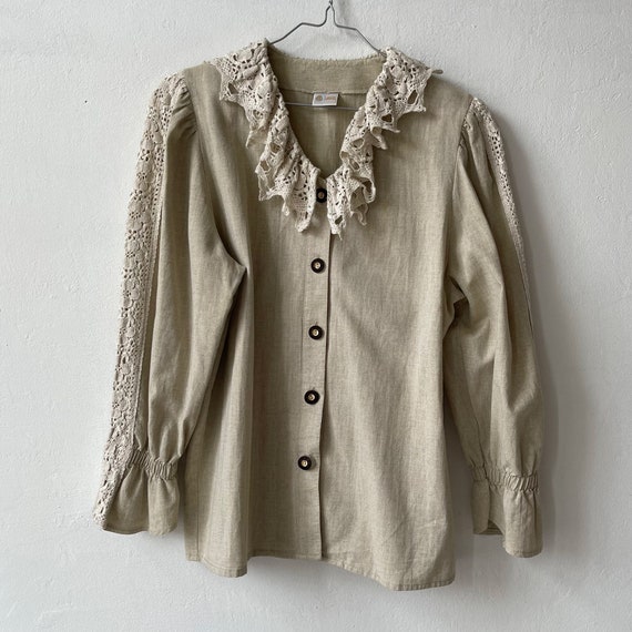 Vintage Grey Ruffle Blouse, Cotton Peasant Blouse - image 6