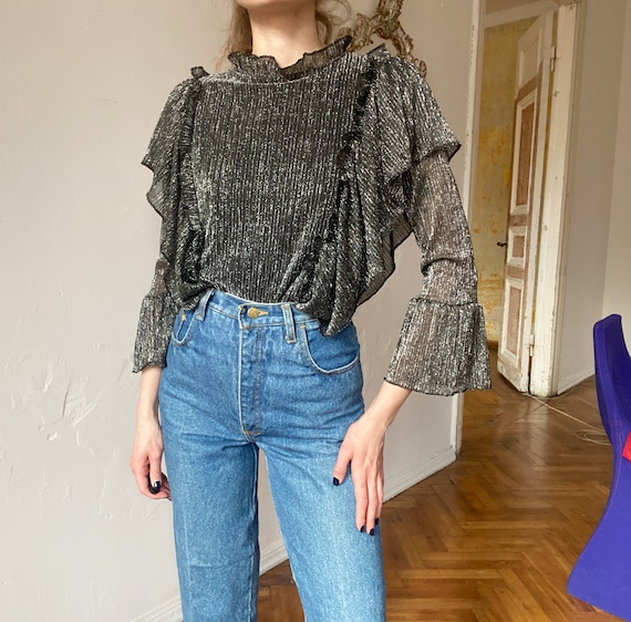 Vintage Silver Blouse with Ruffles