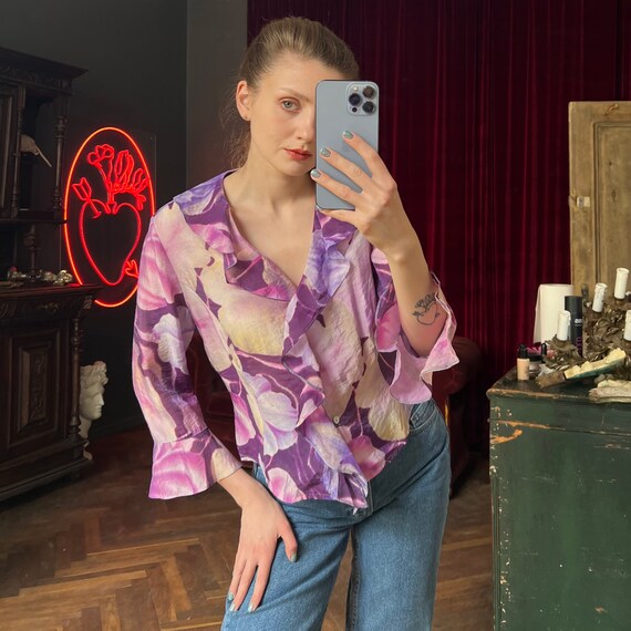 Vintage Button Up Chiffon blouse with ruffles and… - image 5