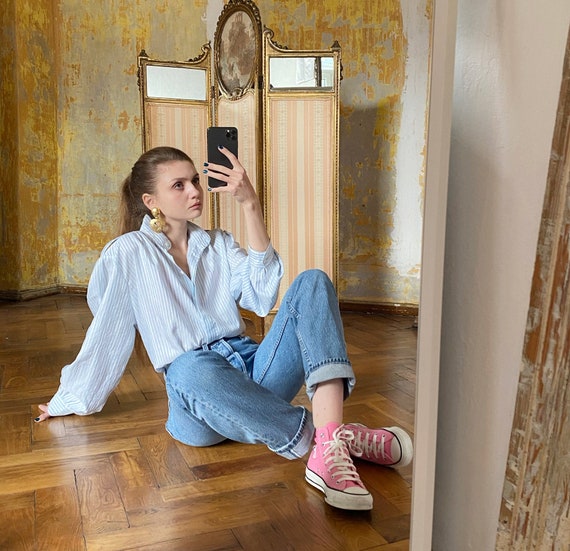 Vintage Striped Shirt, Puff Sleeve Oversized Top