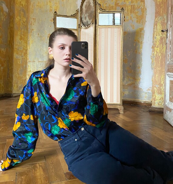 Vintage Floral Satin Blouse, Silky Long Sleeve Shi