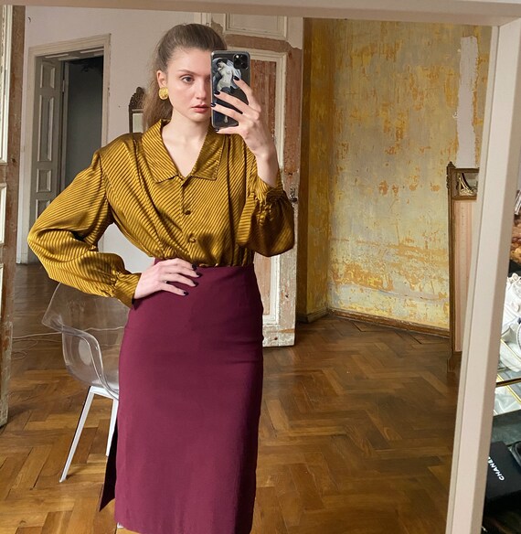 Vintage Gold Satin Blouse, Striped Mustard Yellow