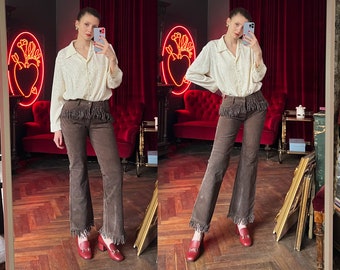 Vintage Brown Suede Leather Pants with Fringe, Bootcut Pants, Flare pants