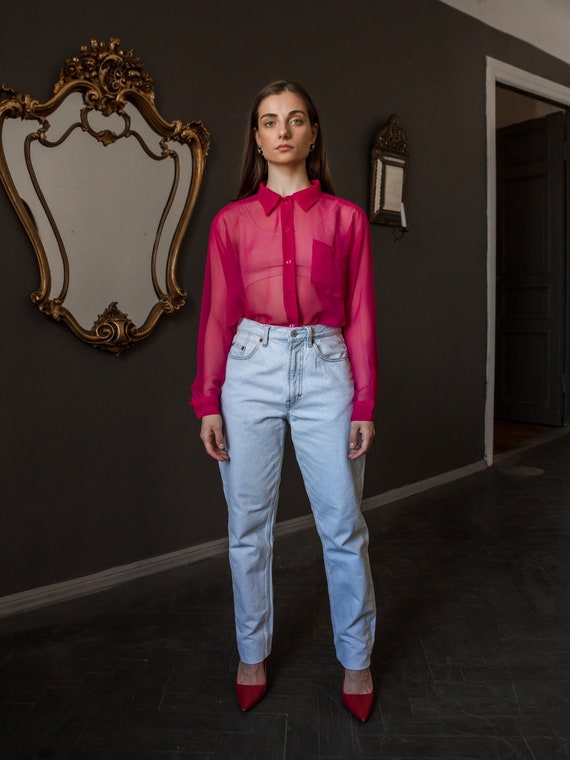Vintage Pink Sheer Blouse, See Through Shirt, Chif