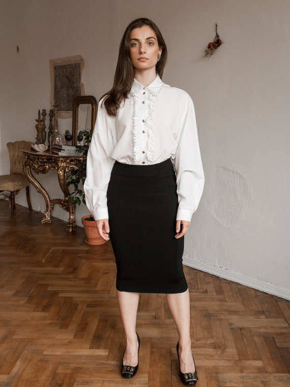Vintage White Cotton Ruffle Blouse, Long Sleeve Wh