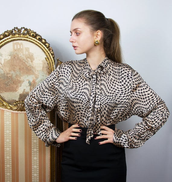 Vintage Silk Pussy Bow Blouse, Houndstooth Long Sl