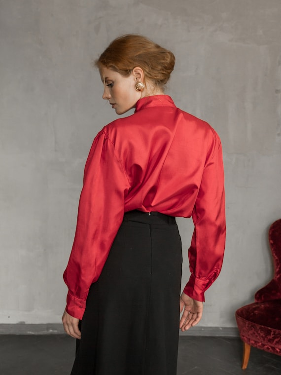 Vintage Red Blouse, Long Sleeve Satin Shirt