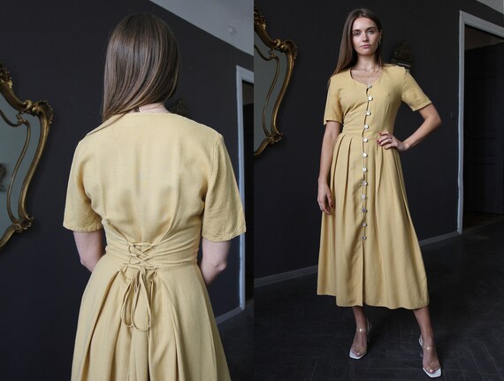 Vintage Mustard Summer Dress, Button Up Midi Dress