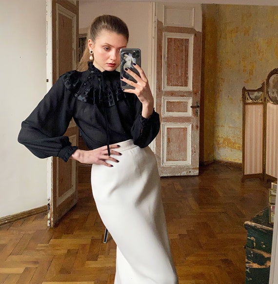 Vintage Black Ruffle Blouse with High Neck, Sheer