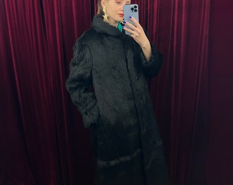 Vintage Long Black Faux Fur Coat, Fake Fur Coat