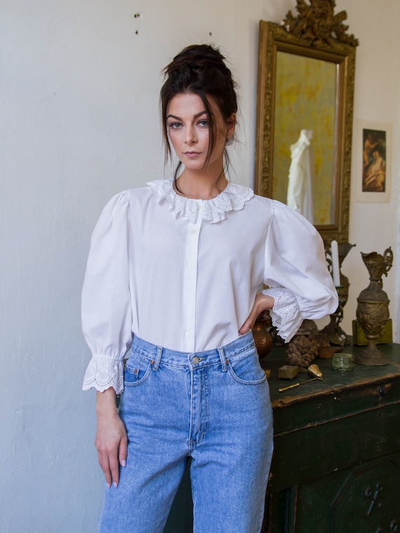 Vintage Puff Sleeve White Cotton Ruffle Blouse