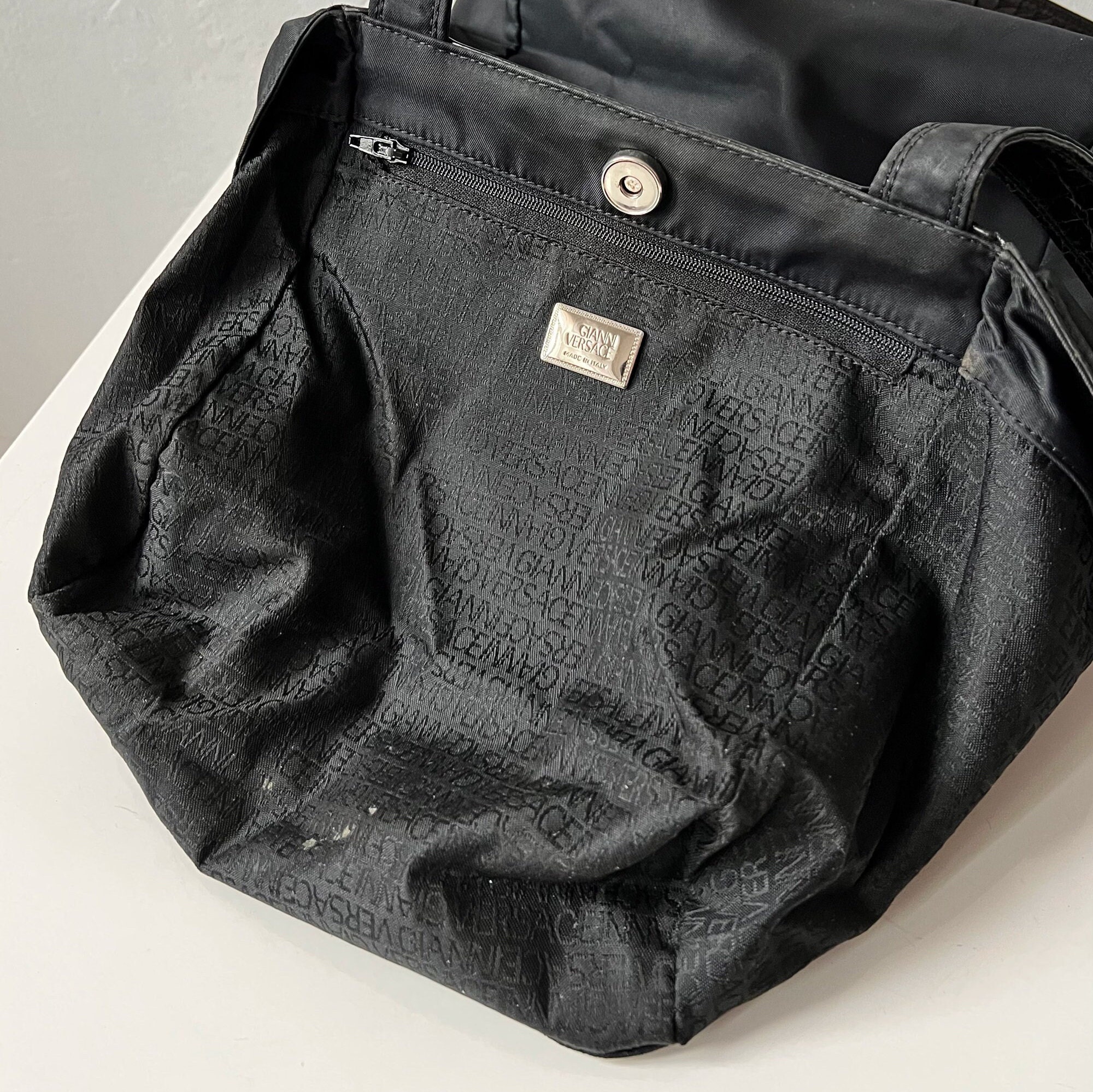 Vintage Gianni VERSACE Bag Black Versace Medusa Nylon Handbag 