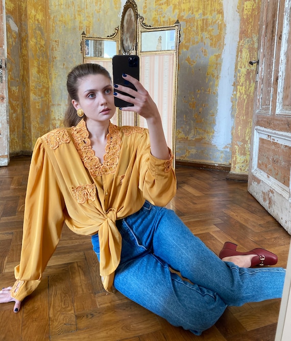 Vintage Yellow Mustard Blouse with Puff sleeves an