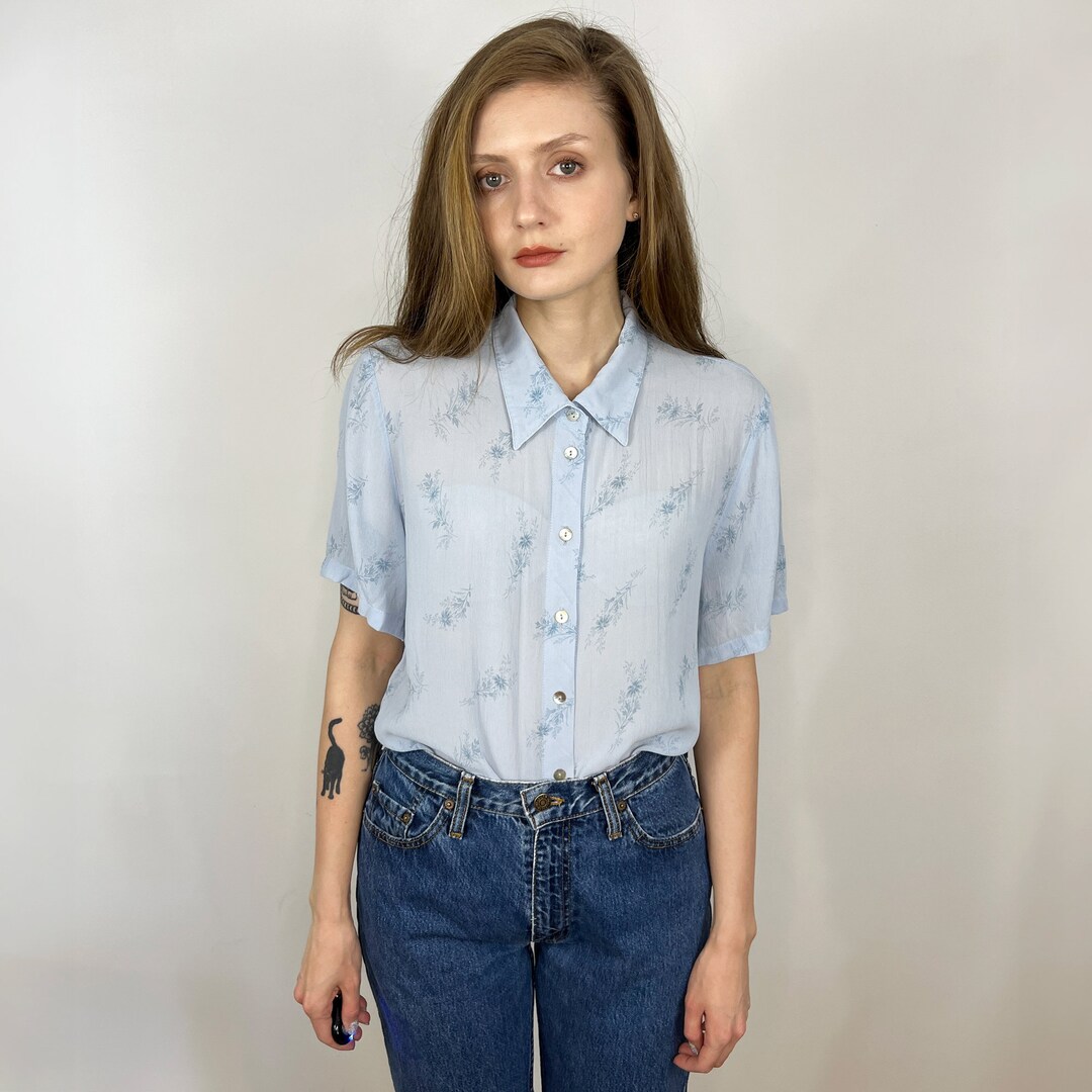 Sheer Leaves Blouse - Light Blue