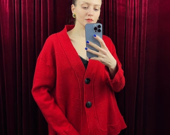 Vintage Red Wool Cardigan, Cardigan Sweater, Wool Blazer