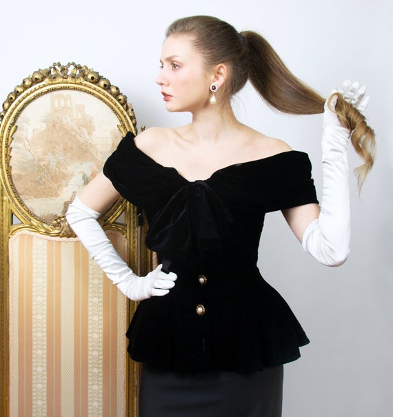Vintage Velvet Blouse, Boned Bodice Top, Fitted Bl