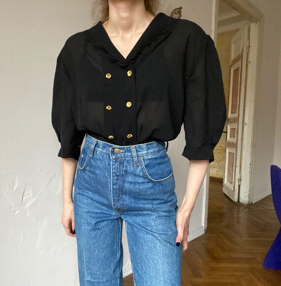 Vintage Black Sheer Blouse, Short Sleeve Black Chi