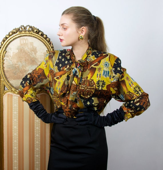Vintage Pussy Bow Blouse, Baroque Print Blouse, Pa