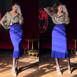 Vintage Blue Wool High Waist Midi Skirt, Long Pencil Skirt