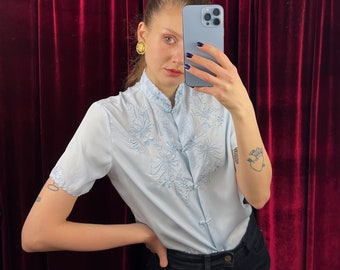 Vintage Short Sleeve Blue Embroidered Blouse, Silk blouse, Delicate Blouse